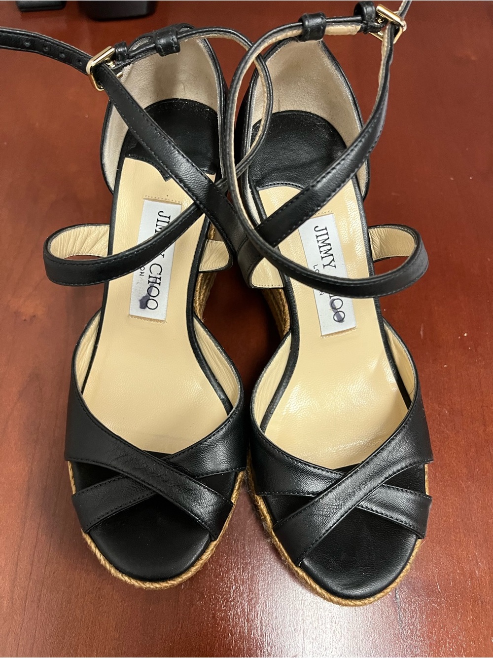 Jimmy Choo Black Leather Espadrille Wedge Sandals